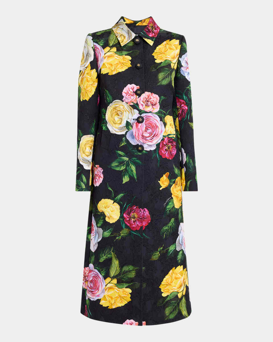 Floral-Print Brocade Single-Breasted Long Coat